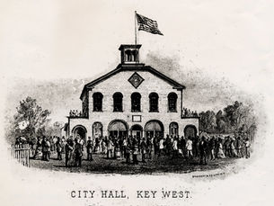 A drawing of a building with an american flag flying from the top and a crowd in front. Text on image reads City Hall, Key West. Dedicated July 4, 1876.