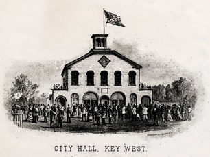 A drawing of a building with an american flag flying from the top and a crowd in front. Text on image reads City Hall, Key West. Dedicated July 4, 1876.