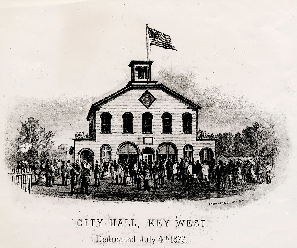 A drawing of a building with an american flag flying from the top and a crowd in front. Text on image reads City Hall, Key West. Dedicated July 4, 1876.