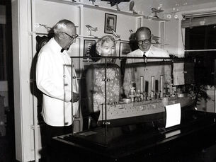 Three people look at a case with a ship model inside.