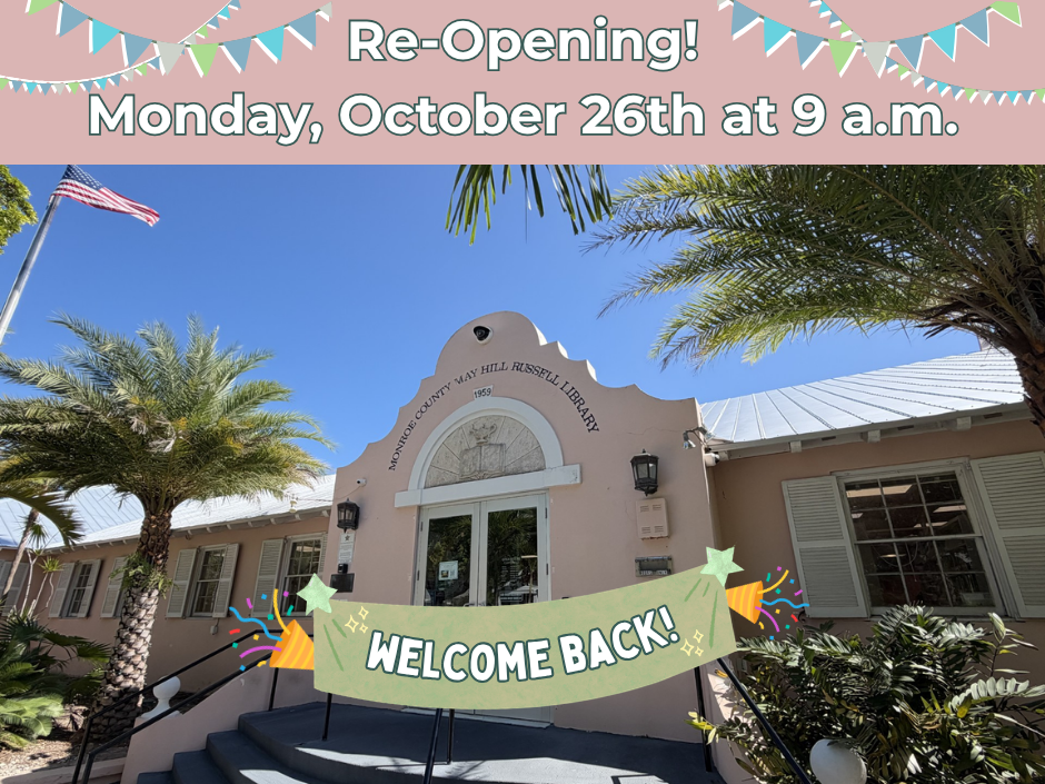 Reopening! Monday October 26, at 9 a.m. Image of a pink library building with a Welcome Back banner across the front.