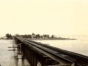 A railroad bridge approaches an island