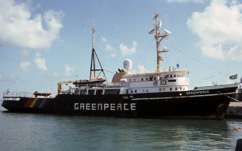 A ship with Greenpeace written on the hull and bow