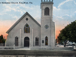 colorized postcard of a church. text on card reads First Methodist Church, Key West, Fla.