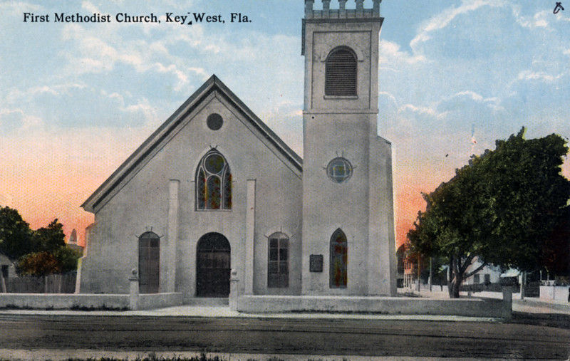 colorized postcard of a church. text on card reads First Methodist Church, Key West, Fla.